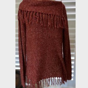 Modern Soul Fringed Knit Sweater Pullover SMALL Red Rust Boat Neck